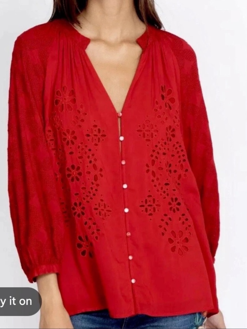 Johnny Was Jade Valeria Red Embroidered Button-Up Blouse tunic top S rayon